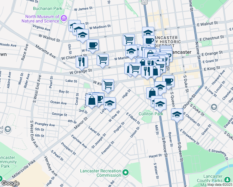 map of restaurants, bars, coffee shops, grocery stores, and more near 447 Lafayette Street in Lancaster