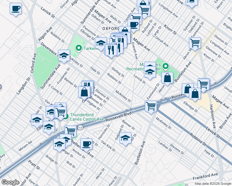 map of restaurants, bars, coffee shops, grocery stores, and more near 6287 Large Street in Philadelphia