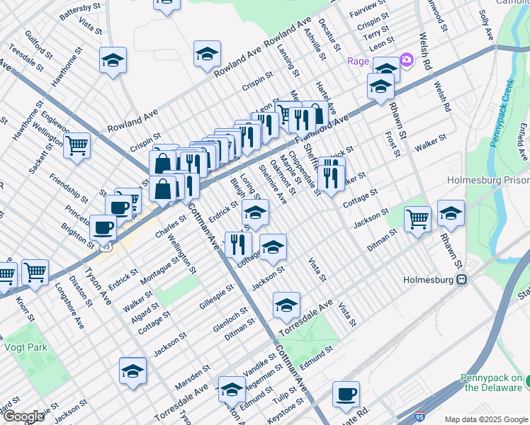 map of restaurants, bars, coffee shops, grocery stores, and more near 4233 Loring St in Philadelphia