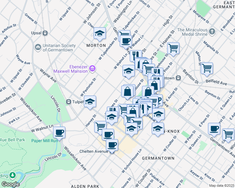 map of restaurants, bars, coffee shops, grocery stores, and more near 5922 Greene Street in Philadelphia