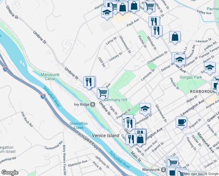 map of restaurants, bars, coffee shops, grocery stores, and more near 205 Parker Avenue in Philadelphia