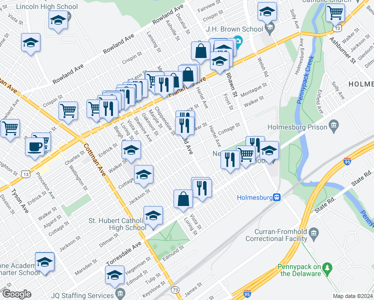 map of restaurants, bars, coffee shops, grocery stores, and more near 4400 Sheffield Avenue in Philadelphia
