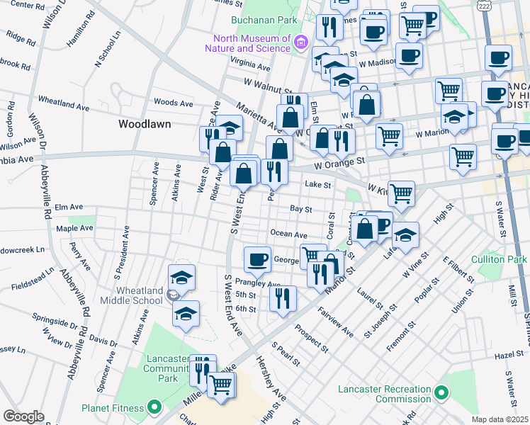 map of restaurants, bars, coffee shops, grocery stores, and more near 134 Pearl Street in Lancaster
