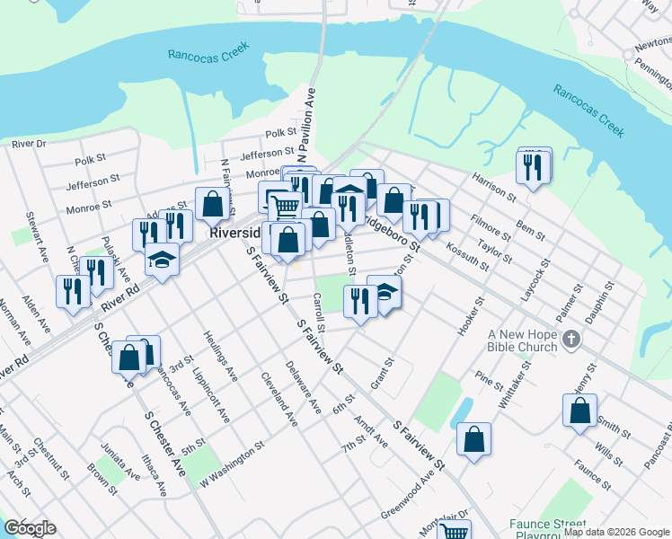 map of restaurants, bars, coffee shops, grocery stores, and more near 47 Webster Street in Riverside