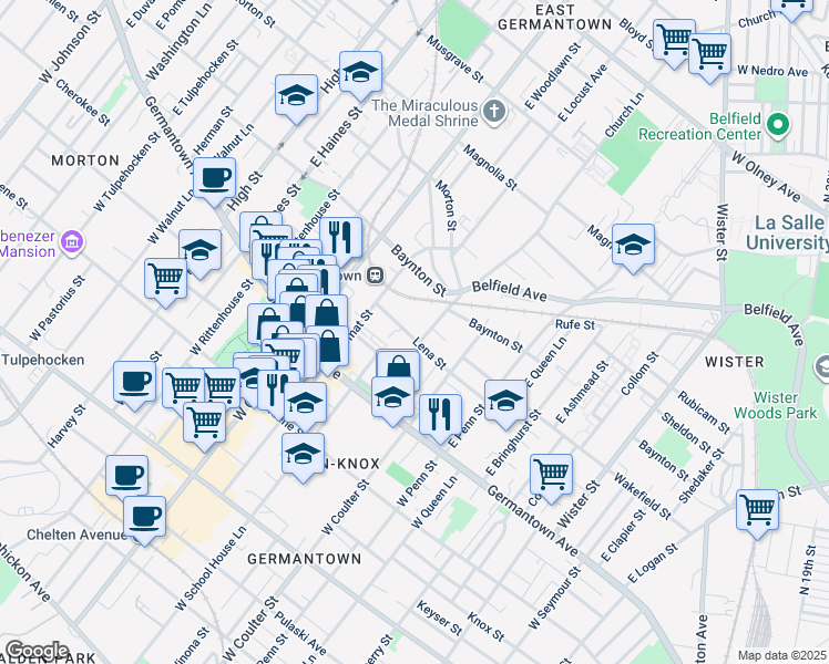 map of restaurants, bars, coffee shops, grocery stores, and more near 5513 Lena Street in Philadelphia