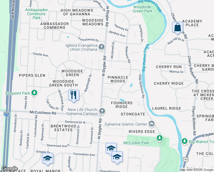 map of restaurants, bars, coffee shops, grocery stores, and more near 597 Ridenour Road in Columbus