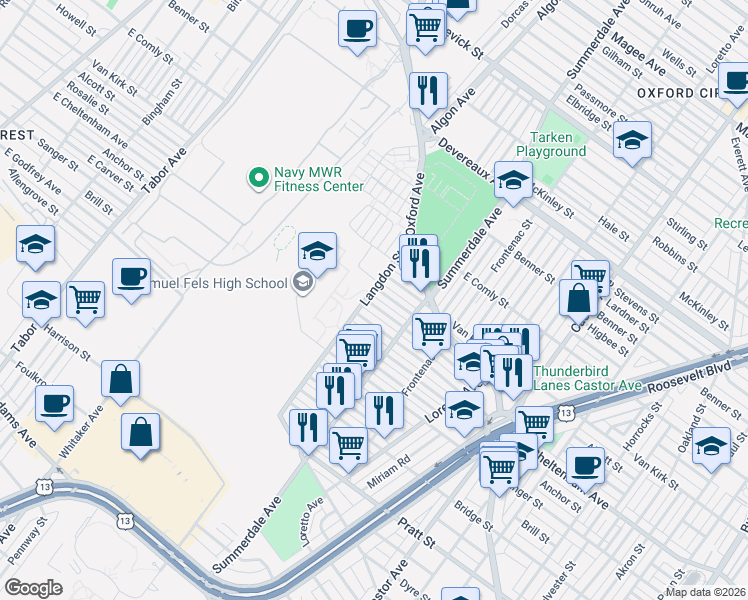 map of restaurants, bars, coffee shops, grocery stores, and more near 1033 Alcott Street in Philadelphia
