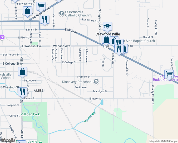 map of restaurants, bars, coffee shops, grocery stores, and more near 513 South Grace Avenue in Crawfordsville