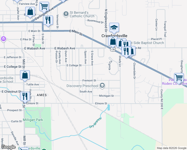 map of restaurants, bars, coffee shops, grocery stores, and more near 513 South Grace Avenue in Crawfordsville
