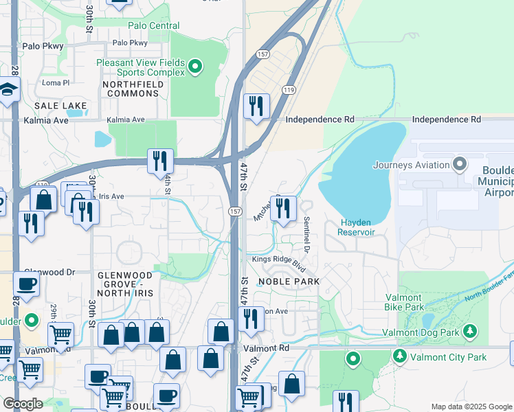 map of restaurants, bars, coffee shops, grocery stores, and more near 3375 Mitchell Lane in Boulder
