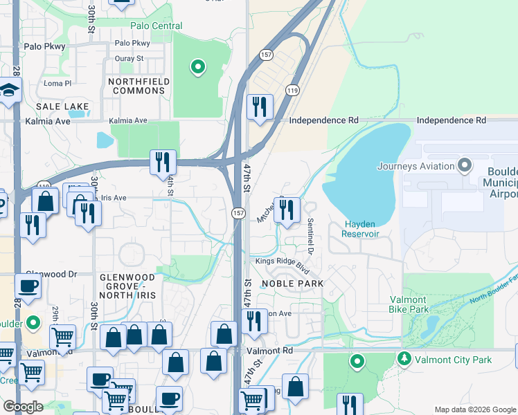 map of restaurants, bars, coffee shops, grocery stores, and more near 3375 Mitchell Lane in Boulder