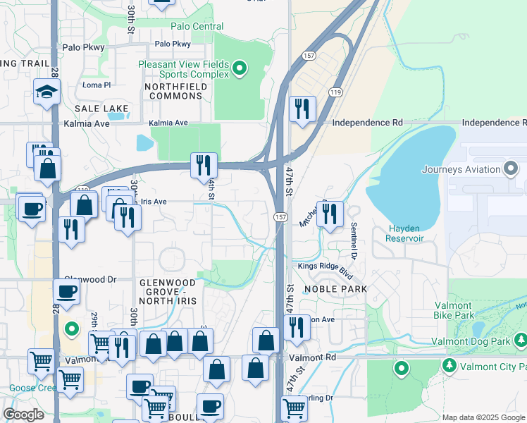 map of restaurants, bars, coffee shops, grocery stores, and more near 3790 Iris Avenue in Boulder
