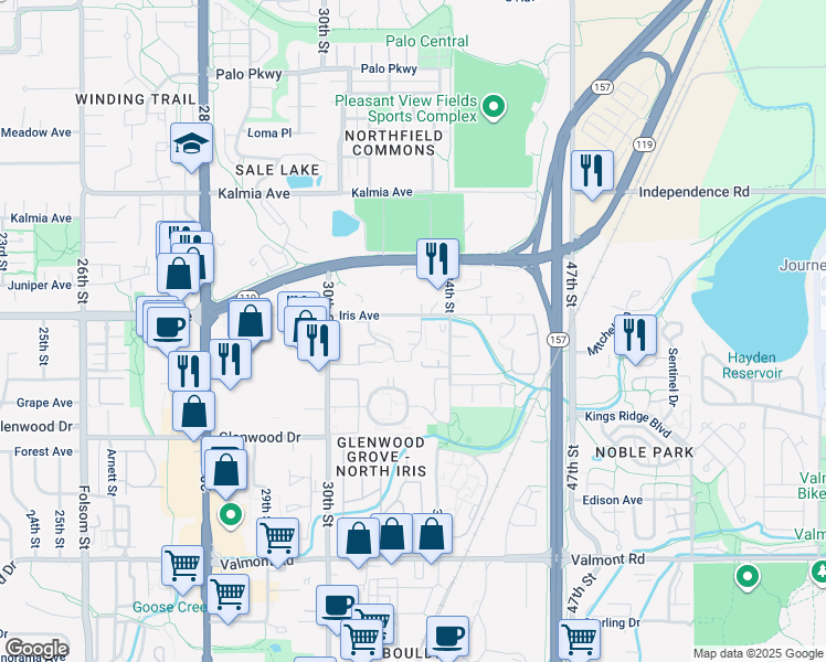 map of restaurants, bars, coffee shops, grocery stores, and more near 3240 Iris Avenue in Boulder