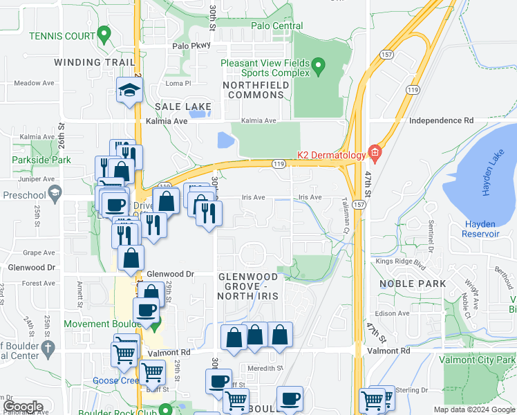 map of restaurants, bars, coffee shops, grocery stores, and more near 3240 Iris Avenue in Boulder