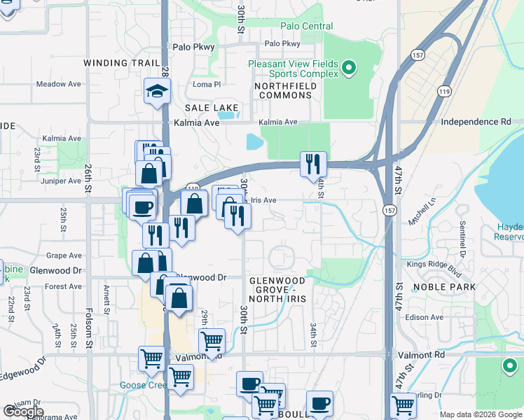map of restaurants, bars, coffee shops, grocery stores, and more near 3150 Chisholm Trail in Boulder