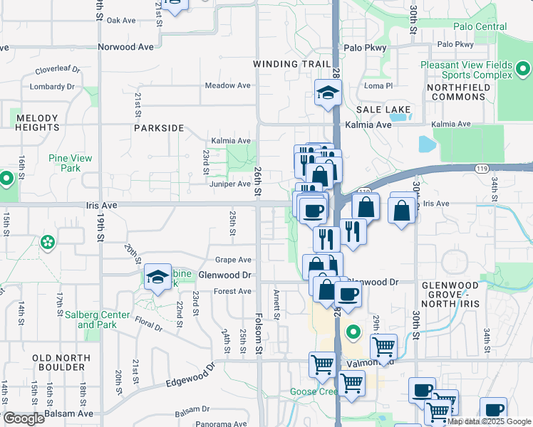 map of restaurants, bars, coffee shops, grocery stores, and more near in Boulder