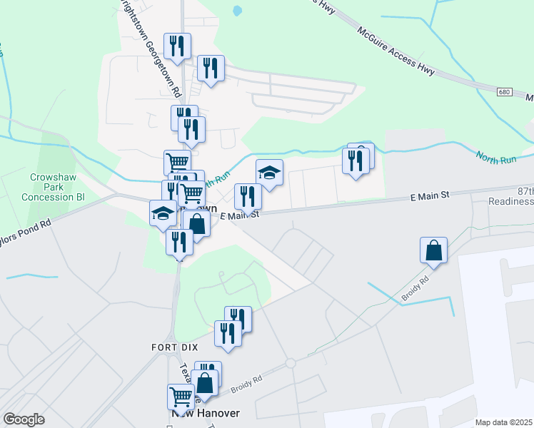 map of restaurants, bars, coffee shops, grocery stores, and more near 123 East Main Street in Wrightstown