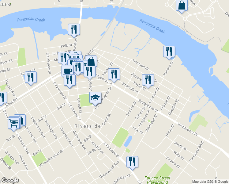 map of restaurants, bars, coffee shops, grocery stores, and more near 408 Bridgeboro Street in Riverside