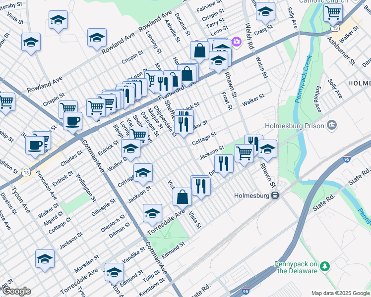 map of restaurants, bars, coffee shops, grocery stores, and more near 4317 Sheffield Avenue in Philadelphia