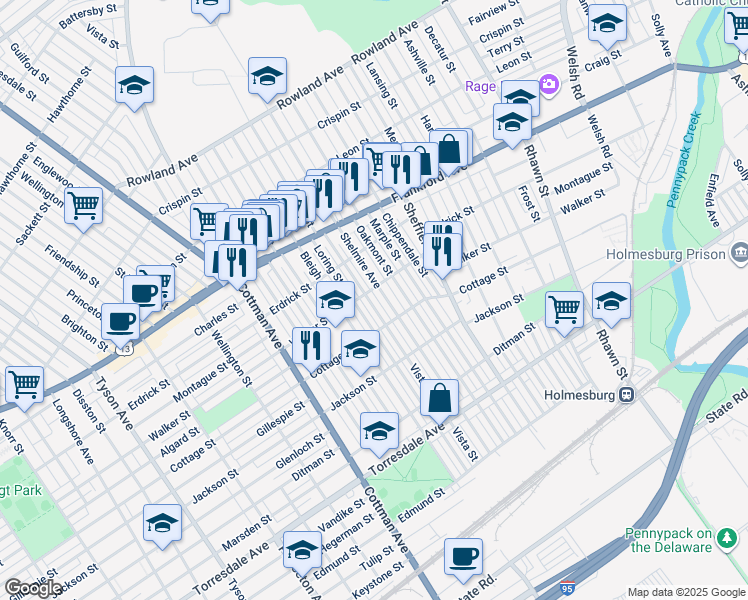 map of restaurants, bars, coffee shops, grocery stores, and more near 4311 Vista Street in Philadelphia