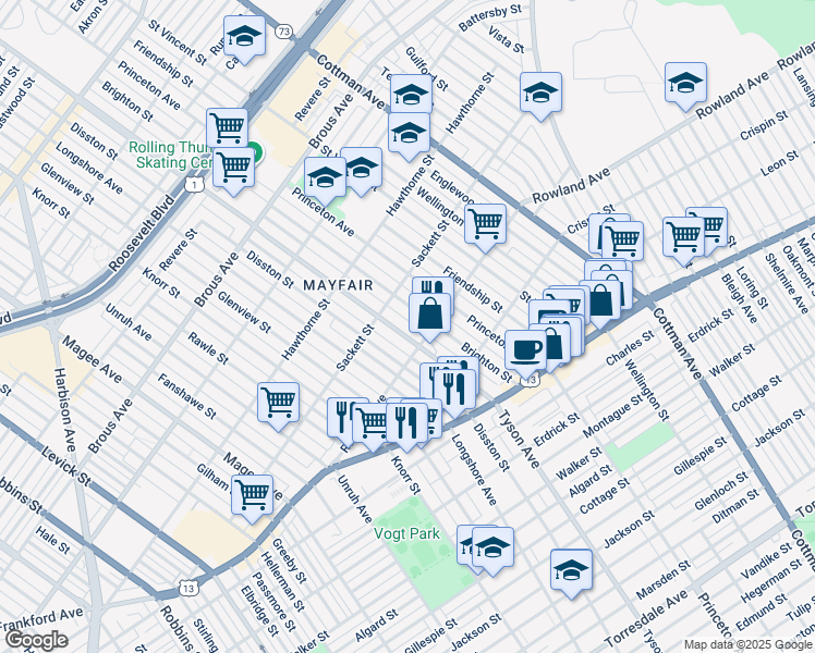 map of restaurants, bars, coffee shops, grocery stores, and more near 3235 Tyson Avenue in Philadelphia
