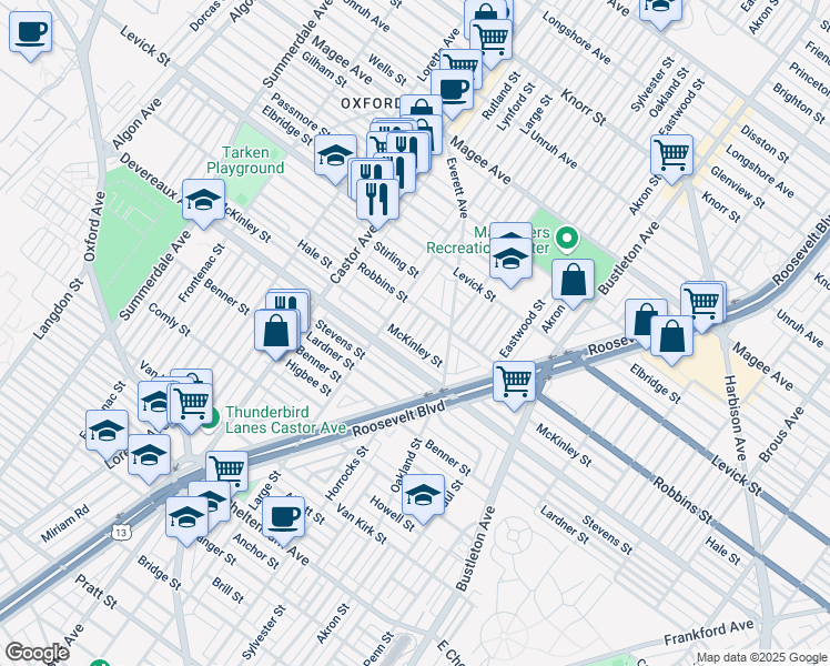 map of restaurants, bars, coffee shops, grocery stores, and more near 6287 Large Street in Philadelphia