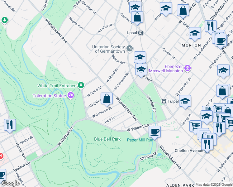 map of restaurants, bars, coffee shops, grocery stores, and more near 630 West Cliveden Street in Philadelphia