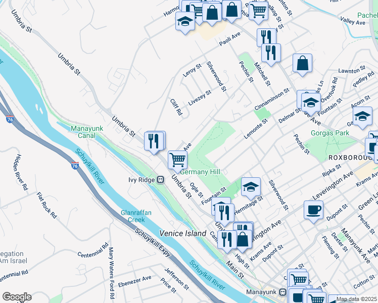 map of restaurants, bars, coffee shops, grocery stores, and more near 205 Parker Avenue in Philadelphia