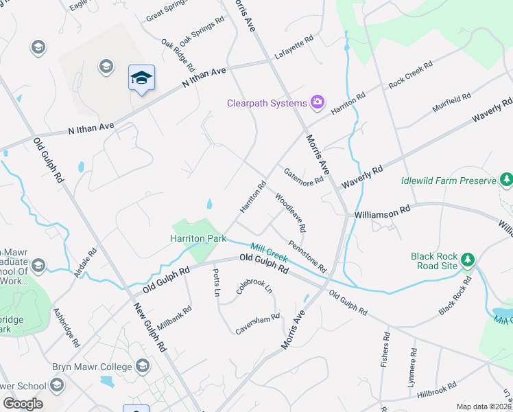 map of restaurants, bars, coffee shops, grocery stores, and more near 621 Harriton Road in Bryn Mawr