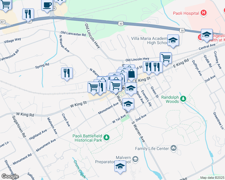 map of restaurants, bars, coffee shops, grocery stores, and more near in Malvern