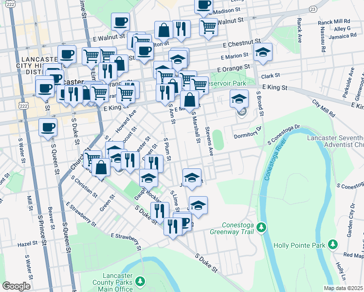 map of restaurants, bars, coffee shops, grocery stores, and more near 136 South Ann Street in Lancaster
