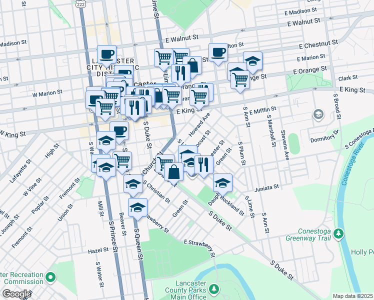 map of restaurants, bars, coffee shops, grocery stores, and more near 319 South Lime Street in Lancaster