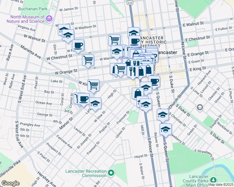 map of restaurants, bars, coffee shops, grocery stores, and more near 51 West Strawberry Street in Lancaster