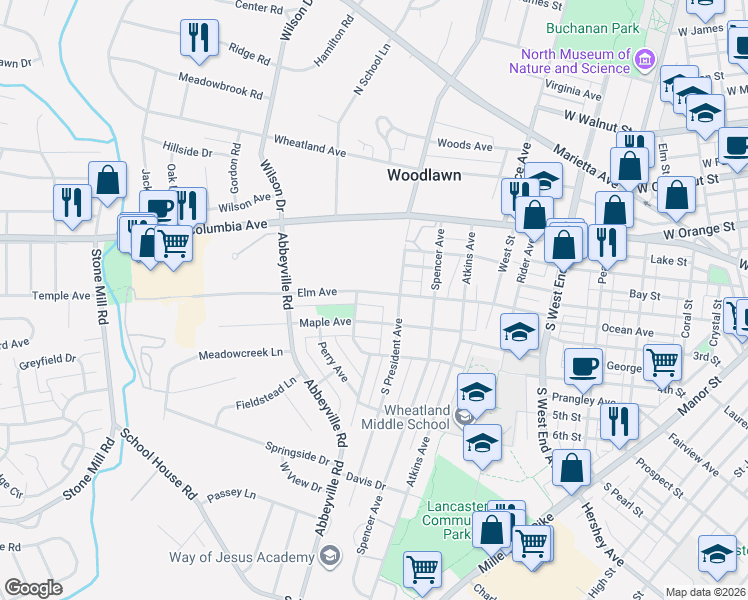 map of restaurants, bars, coffee shops, grocery stores, and more near 1187 Elm Avenue in Lancaster