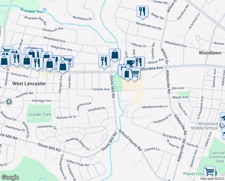 map of restaurants, bars, coffee shops, grocery stores, and more near in Lancaster County
