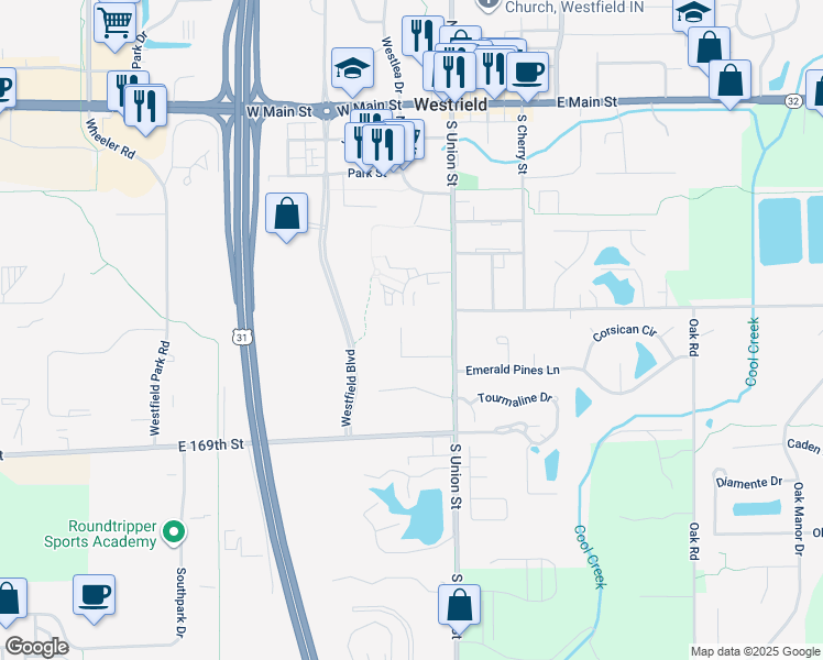 map of restaurants, bars, coffee shops, grocery stores, and more near 605 Southridge Court in Westfield