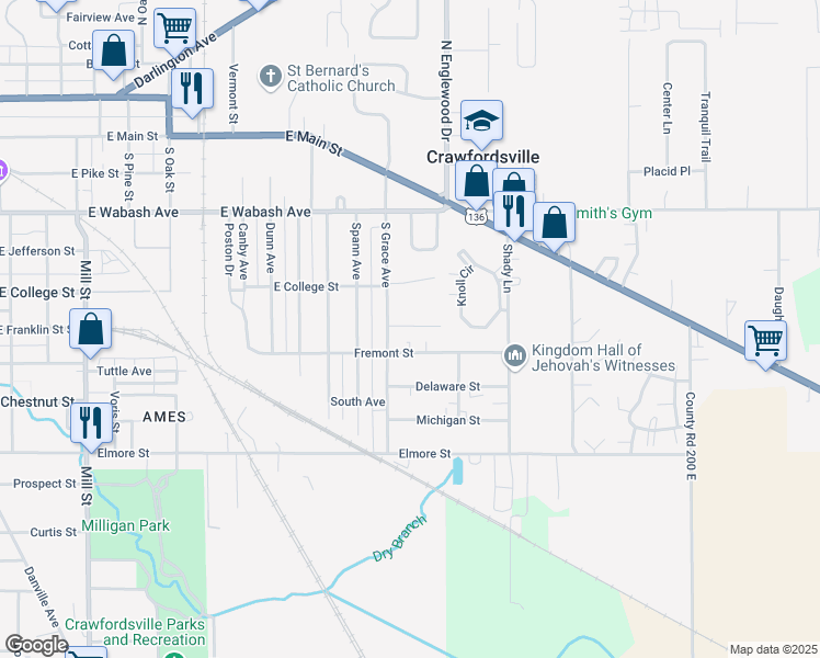 map of restaurants, bars, coffee shops, grocery stores, and more near 1810 Kraig Drive in Crawfordsville