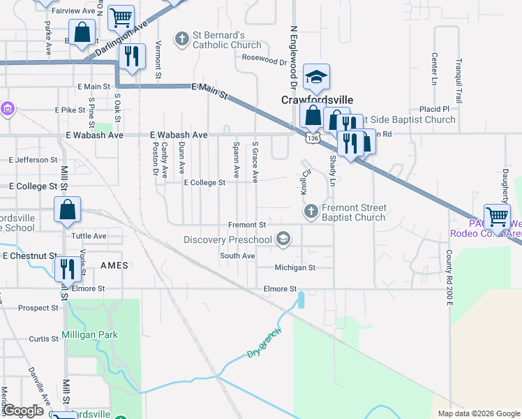 map of restaurants, bars, coffee shops, grocery stores, and more near 513 South Grace Avenue in Crawfordsville