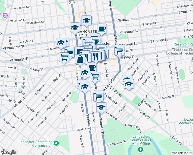 map of restaurants, bars, coffee shops, grocery stores, and more near 113 1/2 South Queen Street in Lancaster