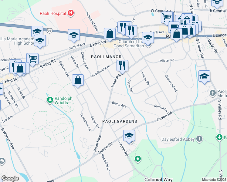map of restaurants, bars, coffee shops, grocery stores, and more near 39 Lloyd Avenue in Malvern