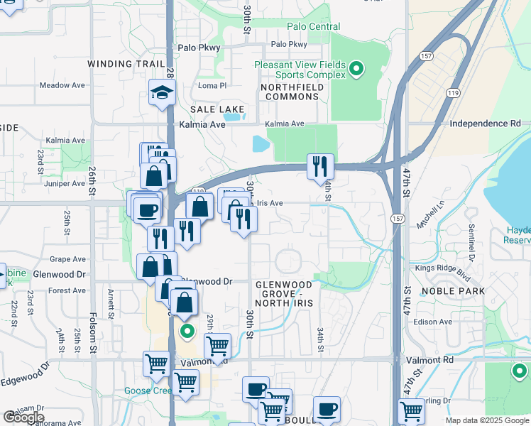map of restaurants, bars, coffee shops, grocery stores, and more near 3375 Chisholm Trail in Boulder