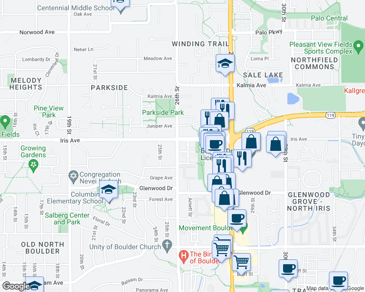 map of restaurants, bars, coffee shops, grocery stores, and more near in Boulder
