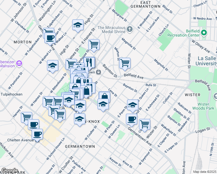 map of restaurants, bars, coffee shops, grocery stores, and more near 5513 Lena Street in Philadelphia