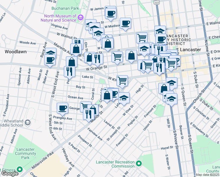 map of restaurants, bars, coffee shops, grocery stores, and more near Old Dorwart Street in Lancaster