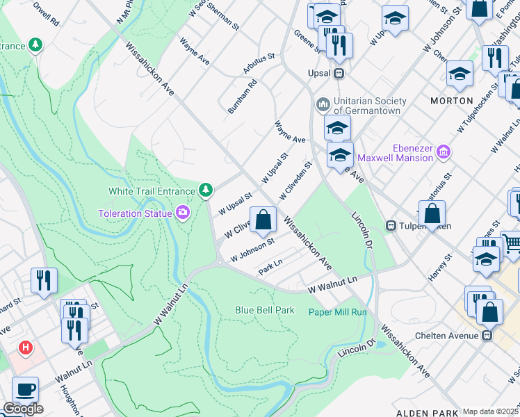 map of restaurants, bars, coffee shops, grocery stores, and more near 1005 West Cliveden Street in Philadelphia