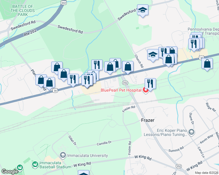 map of restaurants, bars, coffee shops, grocery stores, and more near 446 Lancaster Avenue in Malvern