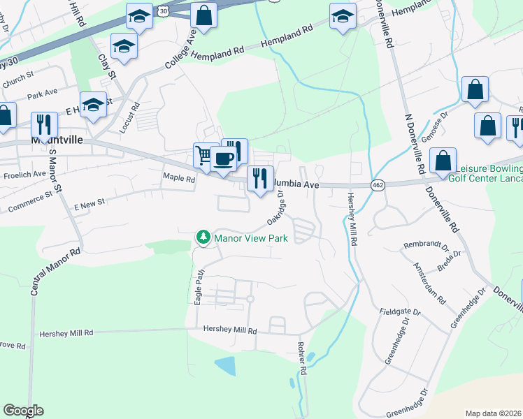 map of restaurants, bars, coffee shops, grocery stores, and more near 133 Oakridge Drive in Lancaster