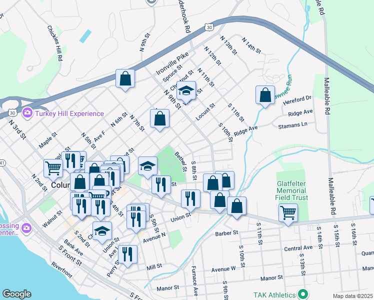 map of restaurants, bars, coffee shops, grocery stores, and more near 46 South 8th Street in Columbia