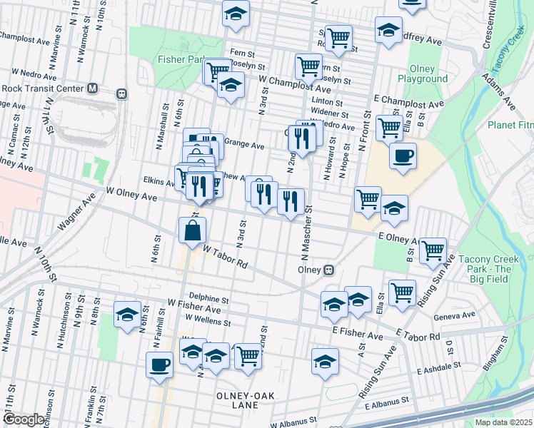 map of restaurants, bars, coffee shops, grocery stores, and more near 5601 North American Street in Philadelphia