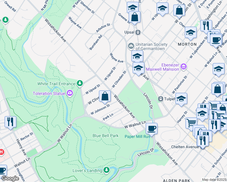 map of restaurants, bars, coffee shops, grocery stores, and more near 6417 Wissahickon Avenue in Philadelphia
